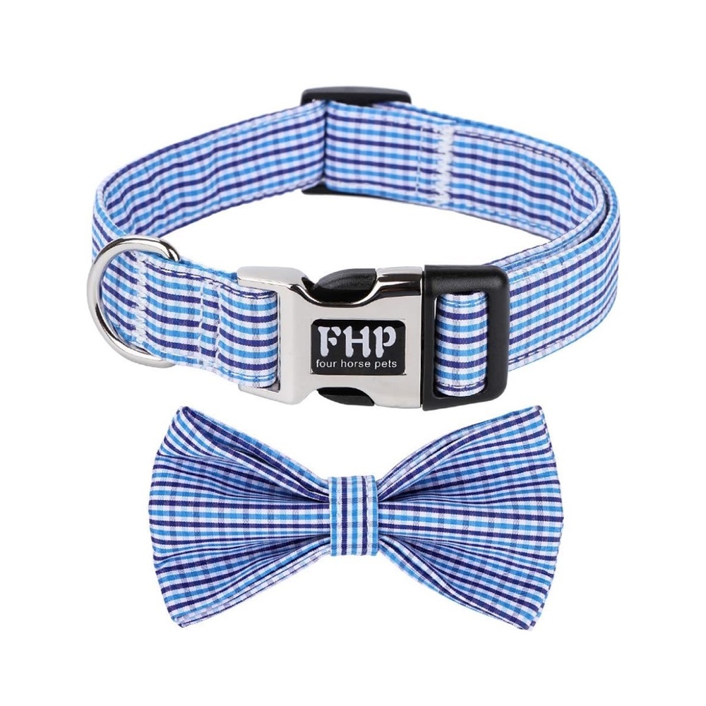 Blue Checkered Grid Dog Collar and Detachable Bow Tie Set - Adjustable - Large